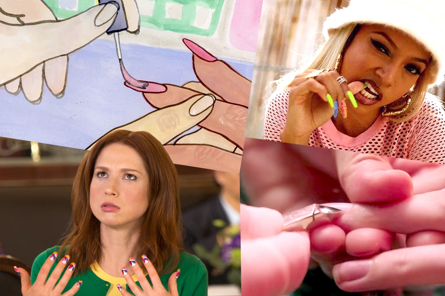 A collage of stills from several movies and TV shows depicting nail salon.