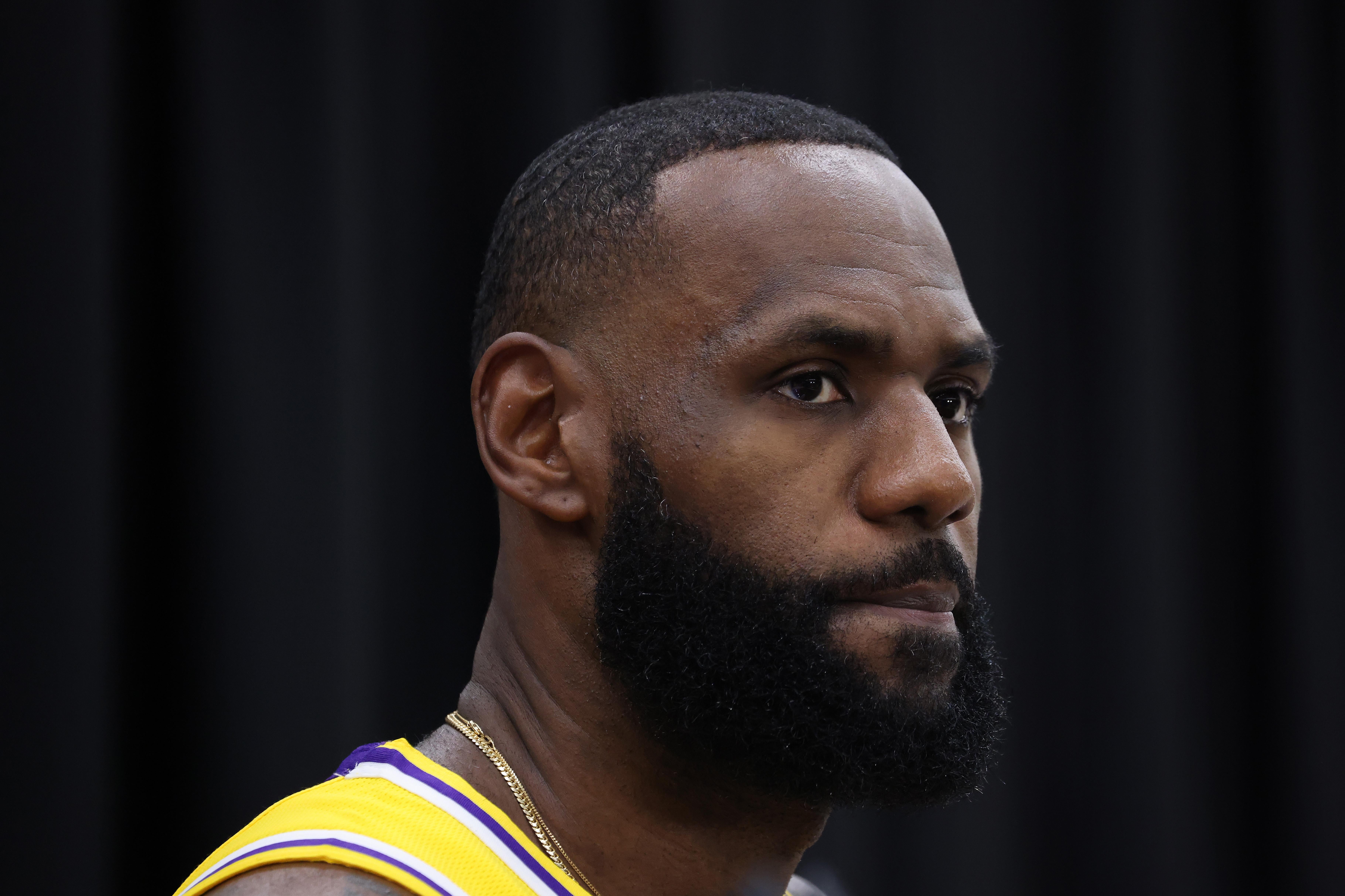 A close-up of LeBron James in his Los Angeles Lakers uniform.