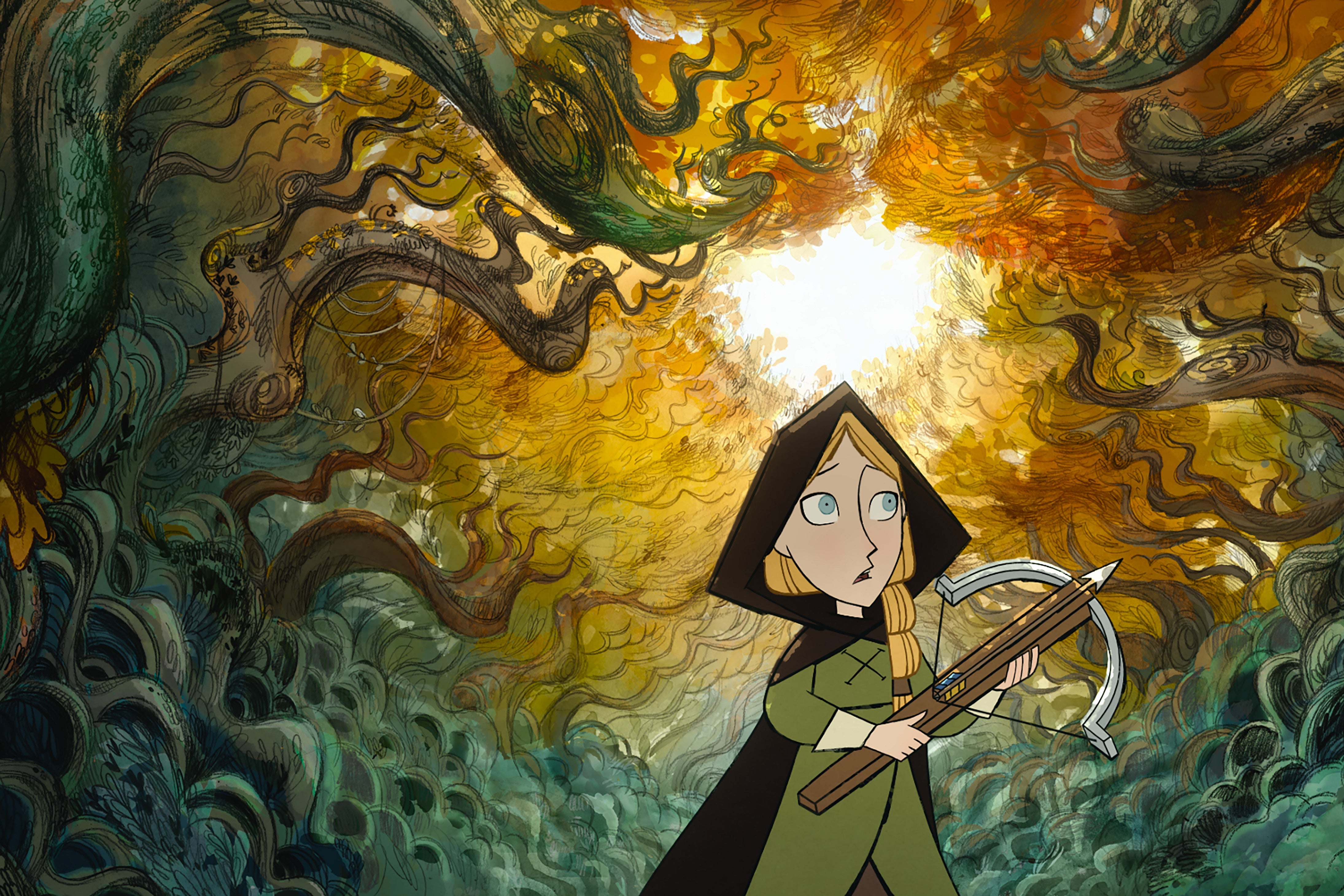 A young woman with a crossbow navigates a forbidding Irish forest.