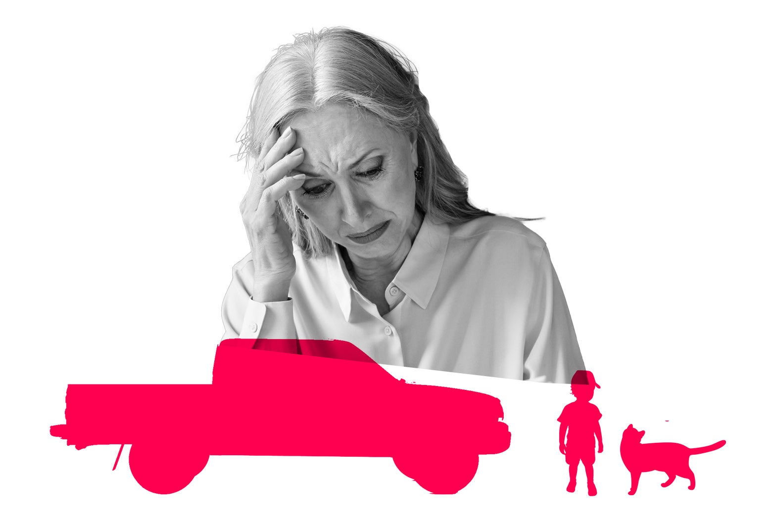 Older woman looking down worried at a truck, a small child, and a cat.