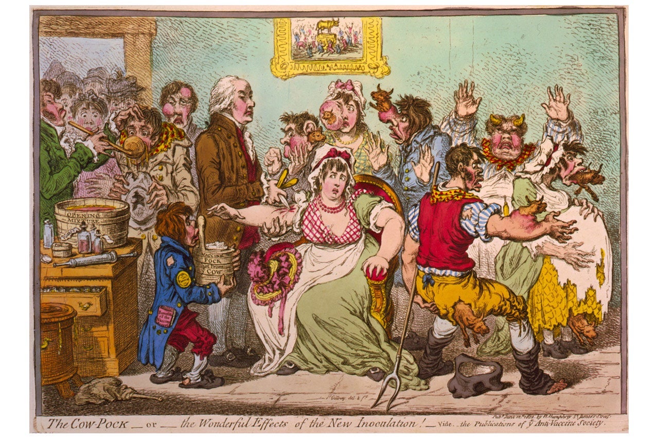 Cartoon satirizing a scene at the Smallpox and Inoculation Hospital at St. Pancras, showing cowpox vaccine being administered to frightened young women and cows emerging from different parts of people's bodies