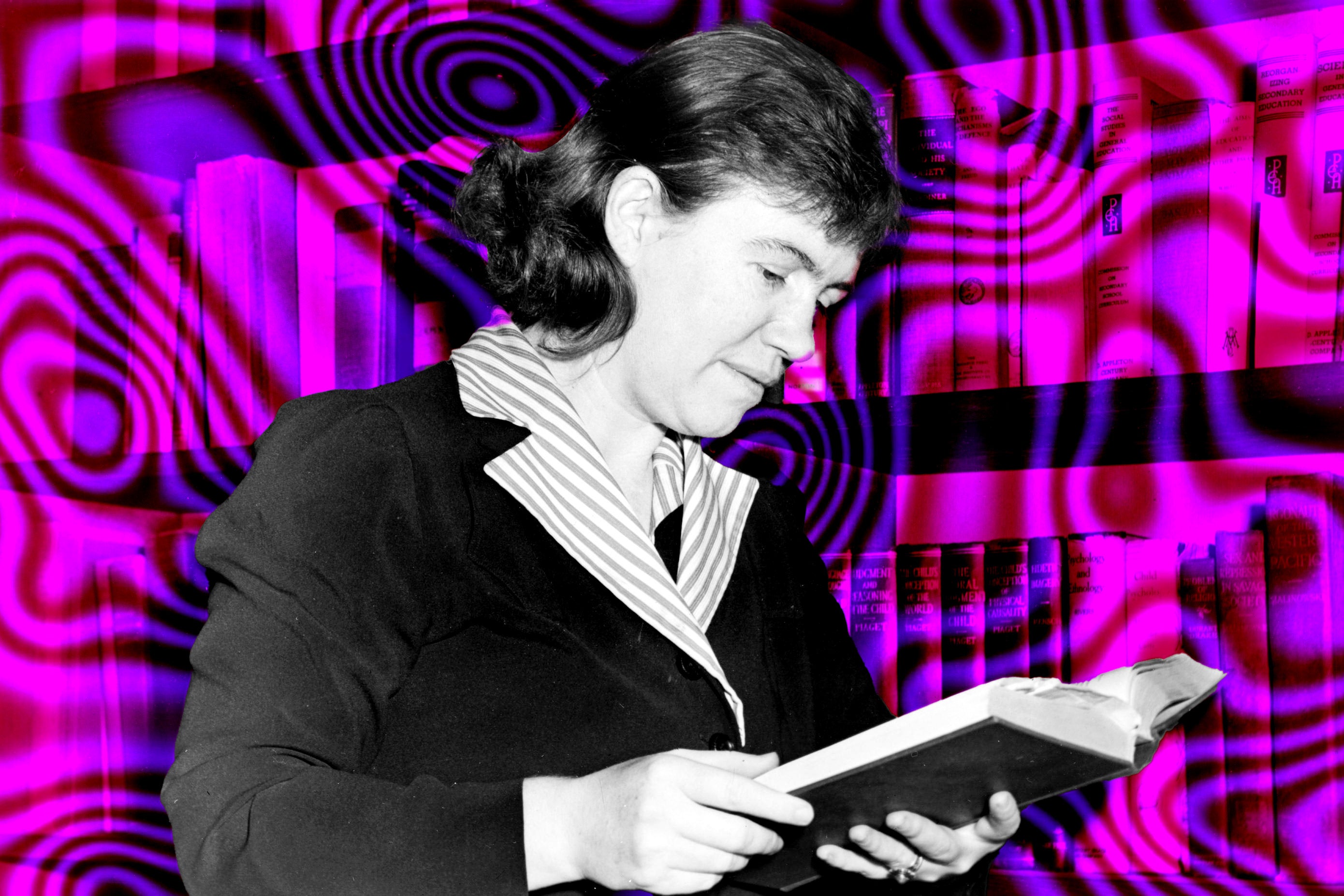  Margaret Mead reading a book in a library with a purple psychedelic pattern behind her.