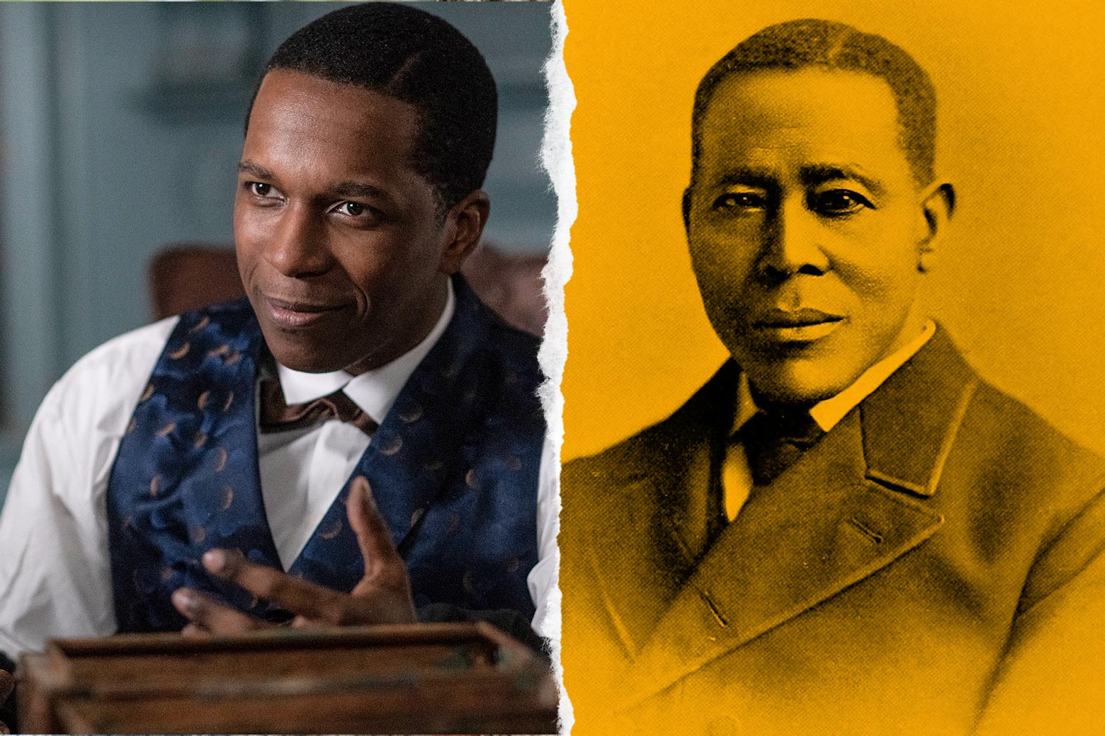 Diptych of Odom as Still in the movie Harriet next to an illustration of William Still.