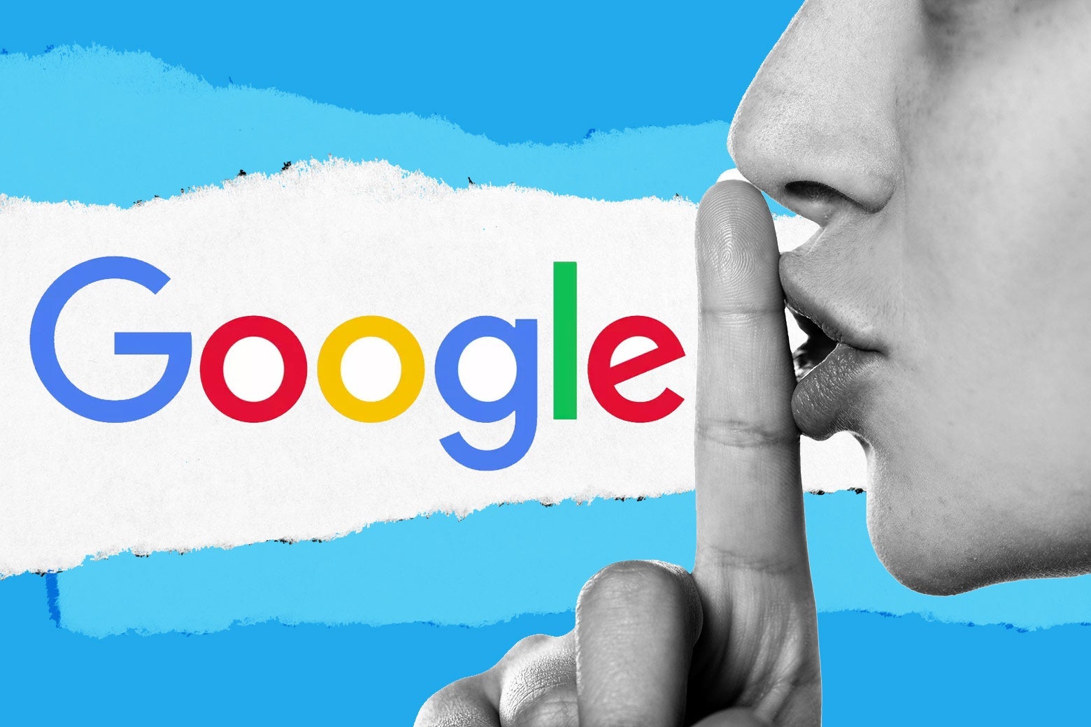 Photo illustration of a person shushing the Google logo.