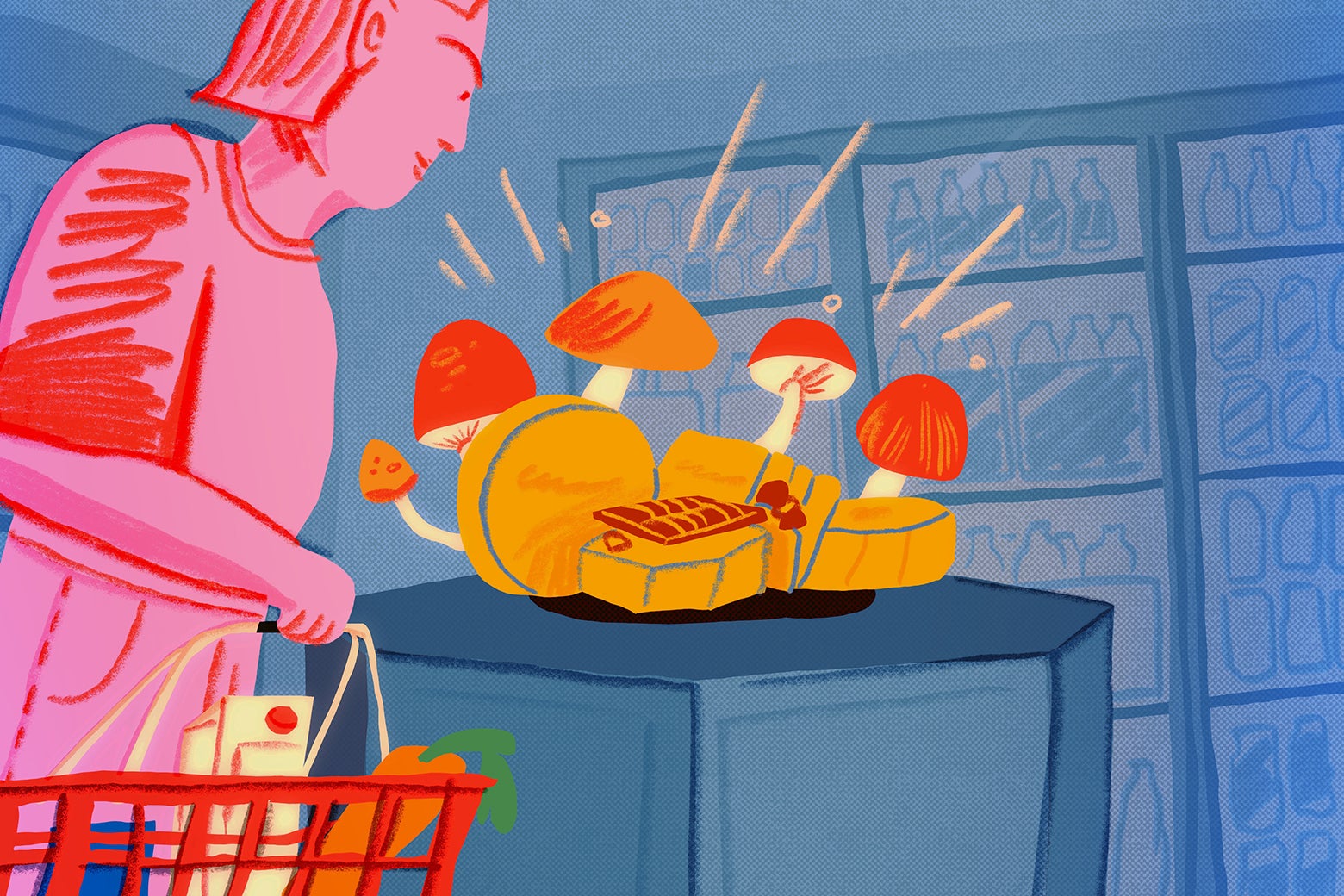 An illustration of a shopper looking at mushrooms.