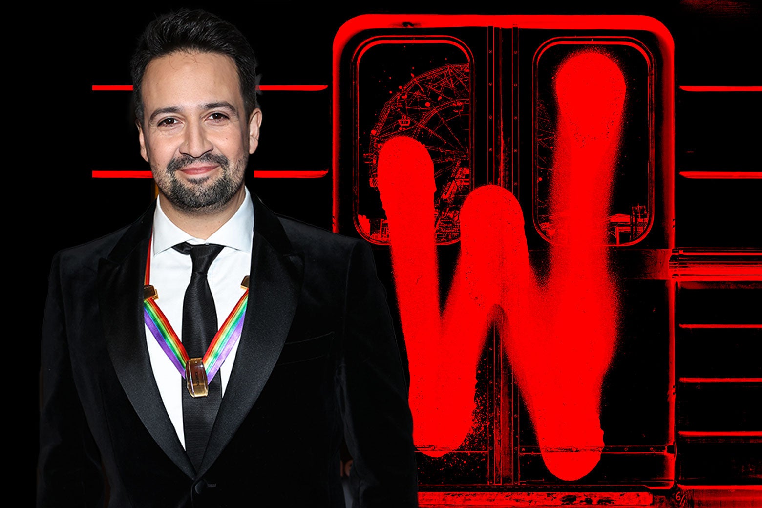 On the left, Lin-Manuel Miranda dressed up in a black suit and a black tie, smiling. On the right, the art for Warriors, showing a subway car in black and red with a big W spray-painted over it.