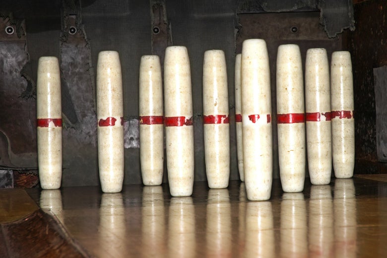 A stock image of candlepin bowling pins, which are much more symmetrical than standard tenpins.