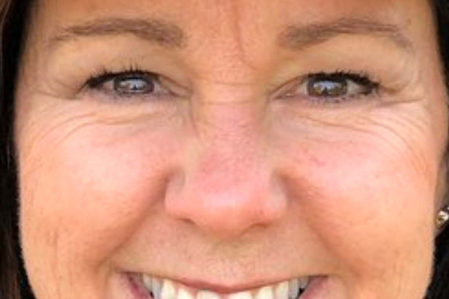 A zoomed-in shot of Karen Pence's smiling face.