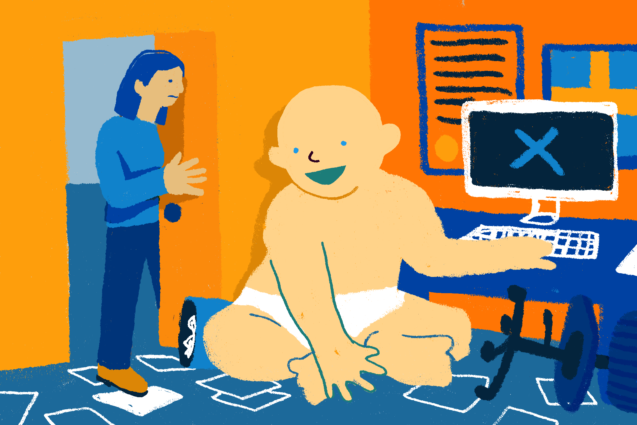 Fantastically large happy baby blocking its mother from entering her office that is in a shambles with hand resting on broken computer.