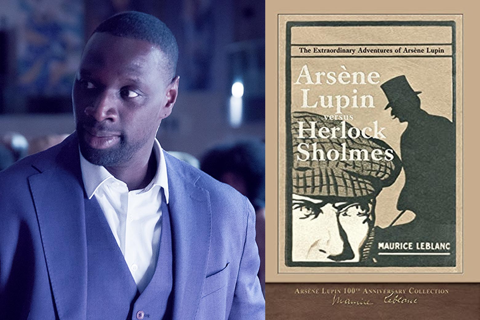 Omar Sy looking snazzy as Lupin besides an old-timey-looking cover for a book by Maurice Leblanc whose title reads "Arsene Lupin vs. Herlock Sholmes."