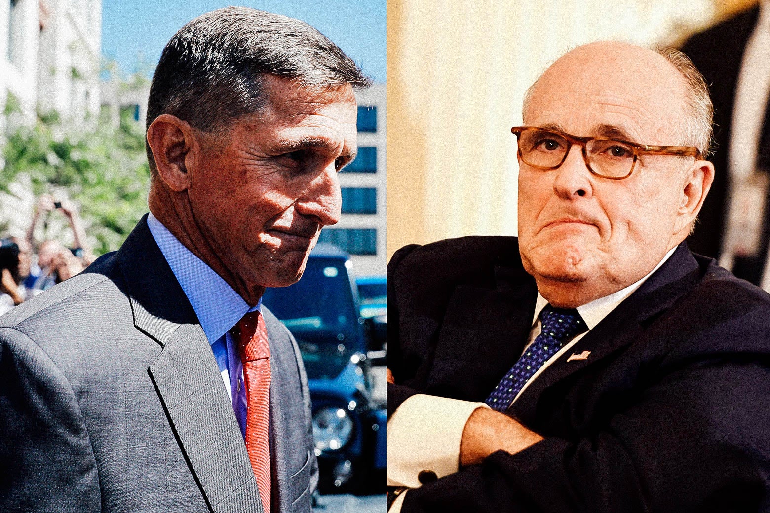 Side-by-side photo illustration of Michael Flynn and Rudy Giuliani.