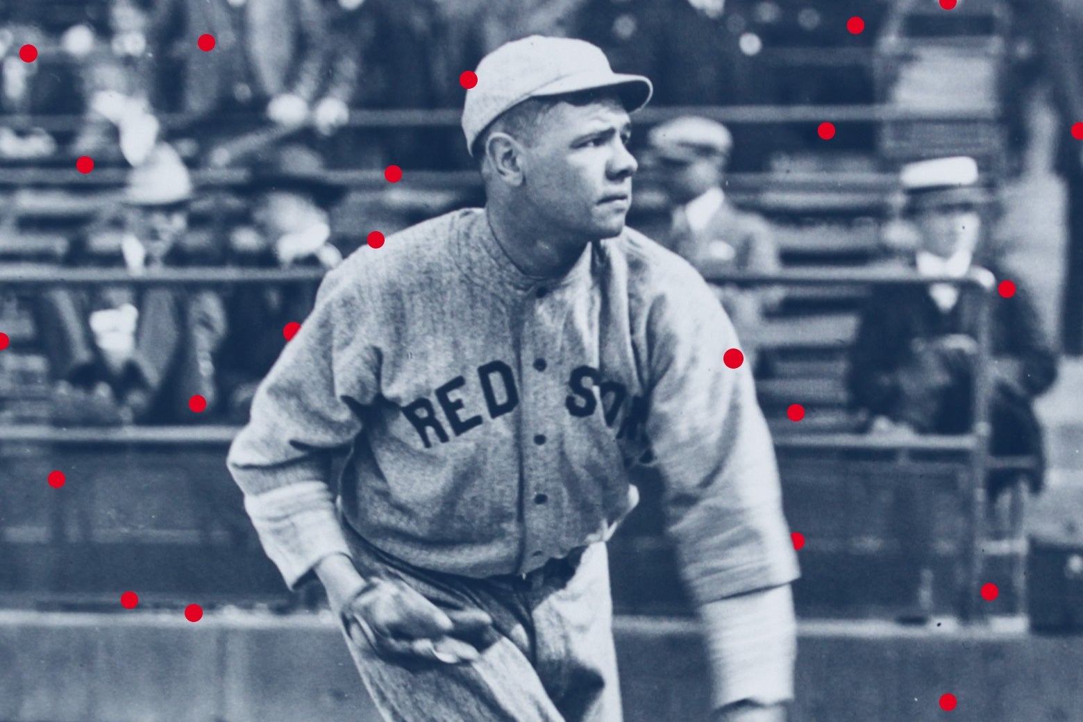 Babe Ruth in a Red Sox uniform throwing a baseball, surrounded by red dots.
