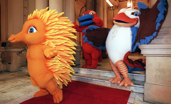 The mascots for the Sydney 2000 Olympic Games make a grand entry at their first public appearance in Sydney 28 May.