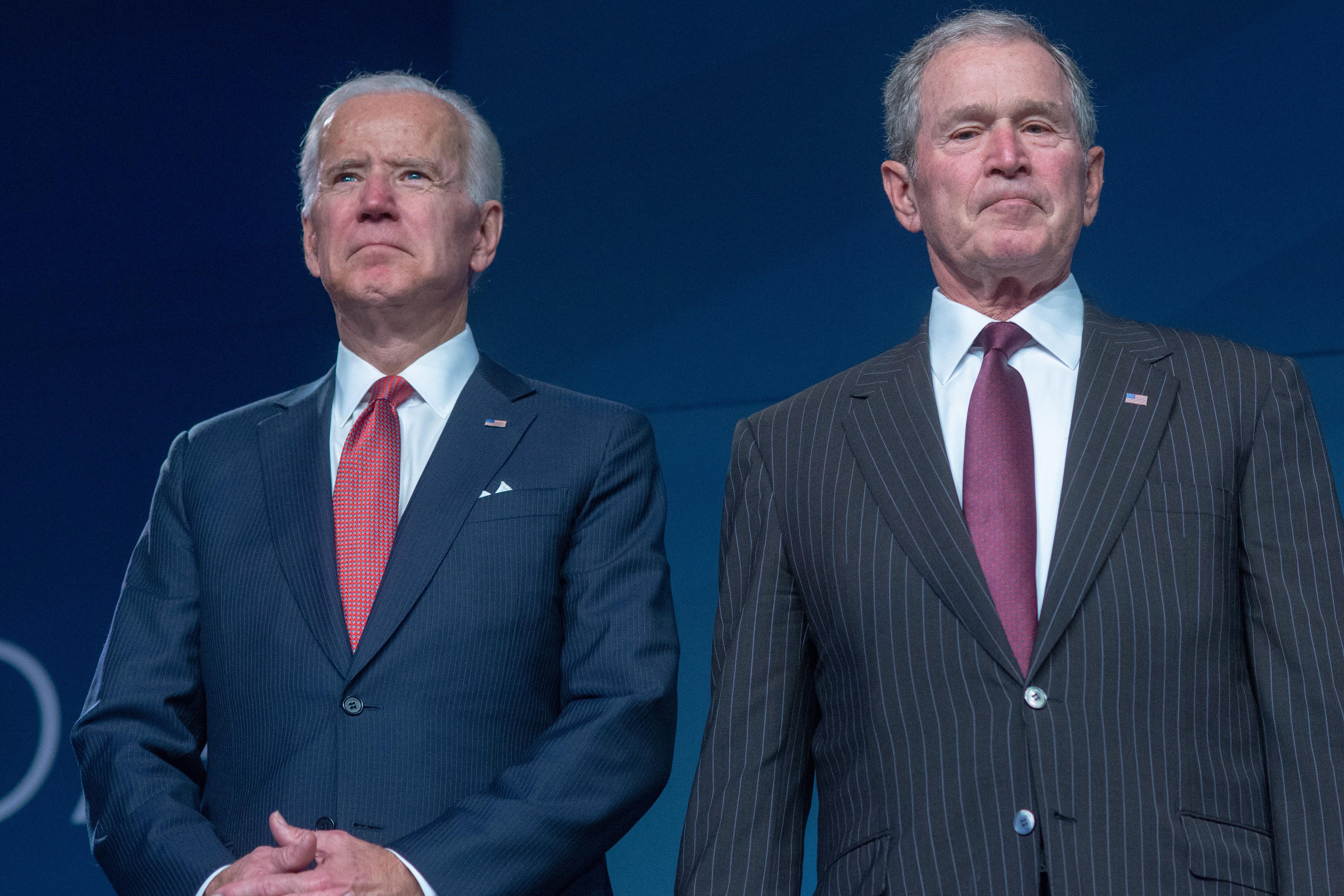 Former Vice President Joe Biden presents George W. Bush and Laura Bush the 2018 Liberty Medal at The National Constitution Center on November 11, 2018 in Philadelphia, Pennsylvania.