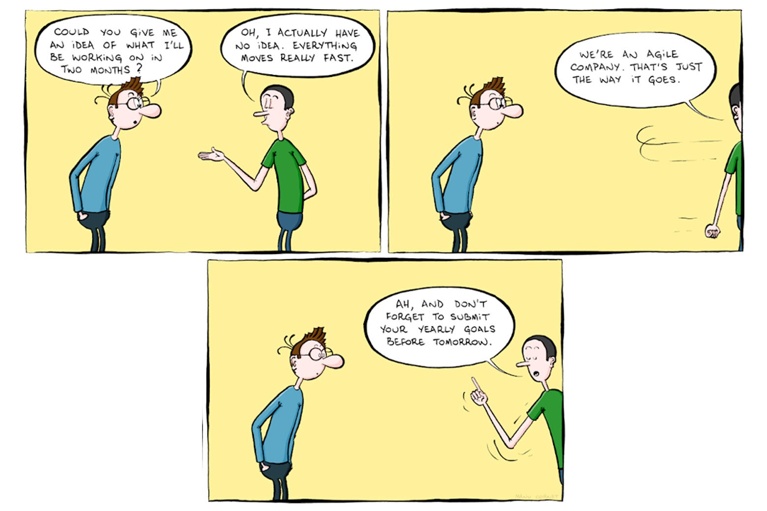 Two Twitter workers having a discussion that is indicative of corporate dysfunction.