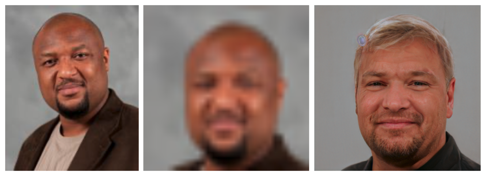 A triptych in which a Black is shown in a portrait, his face his then blurred, and he re-emerges a white man.