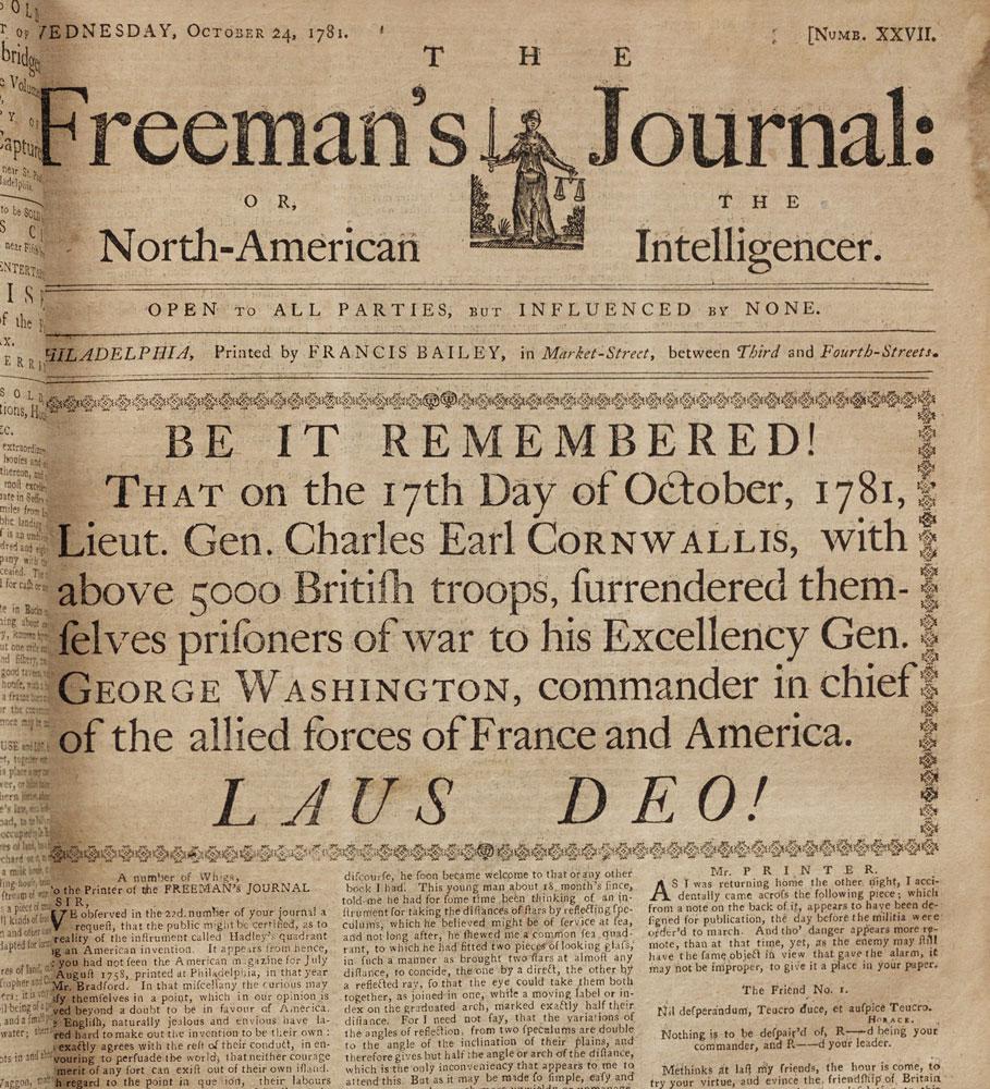 Surrender of Cornwallis: Front page of a newspaper celebrating the