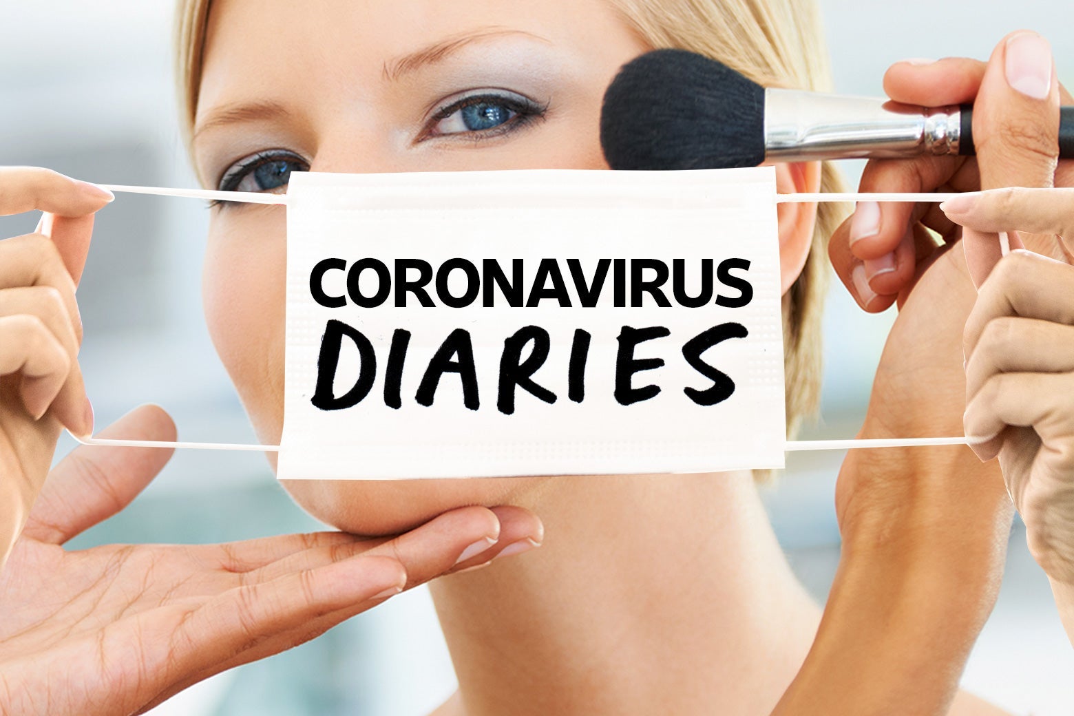 A woman has makeup applied over her face, with a medical mask draped over it that reads Coronavirus Diaries.