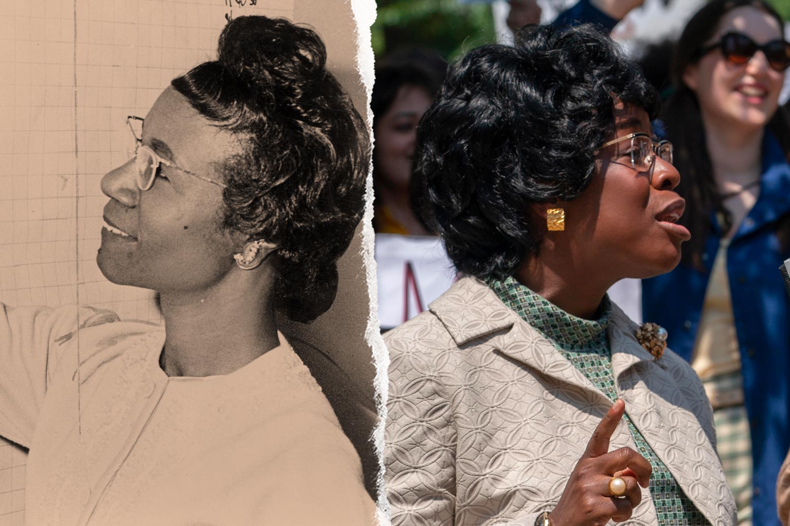 Side-by-side photos of Shirley Chisholm and Uzo Aduba as Shirley Chisholm