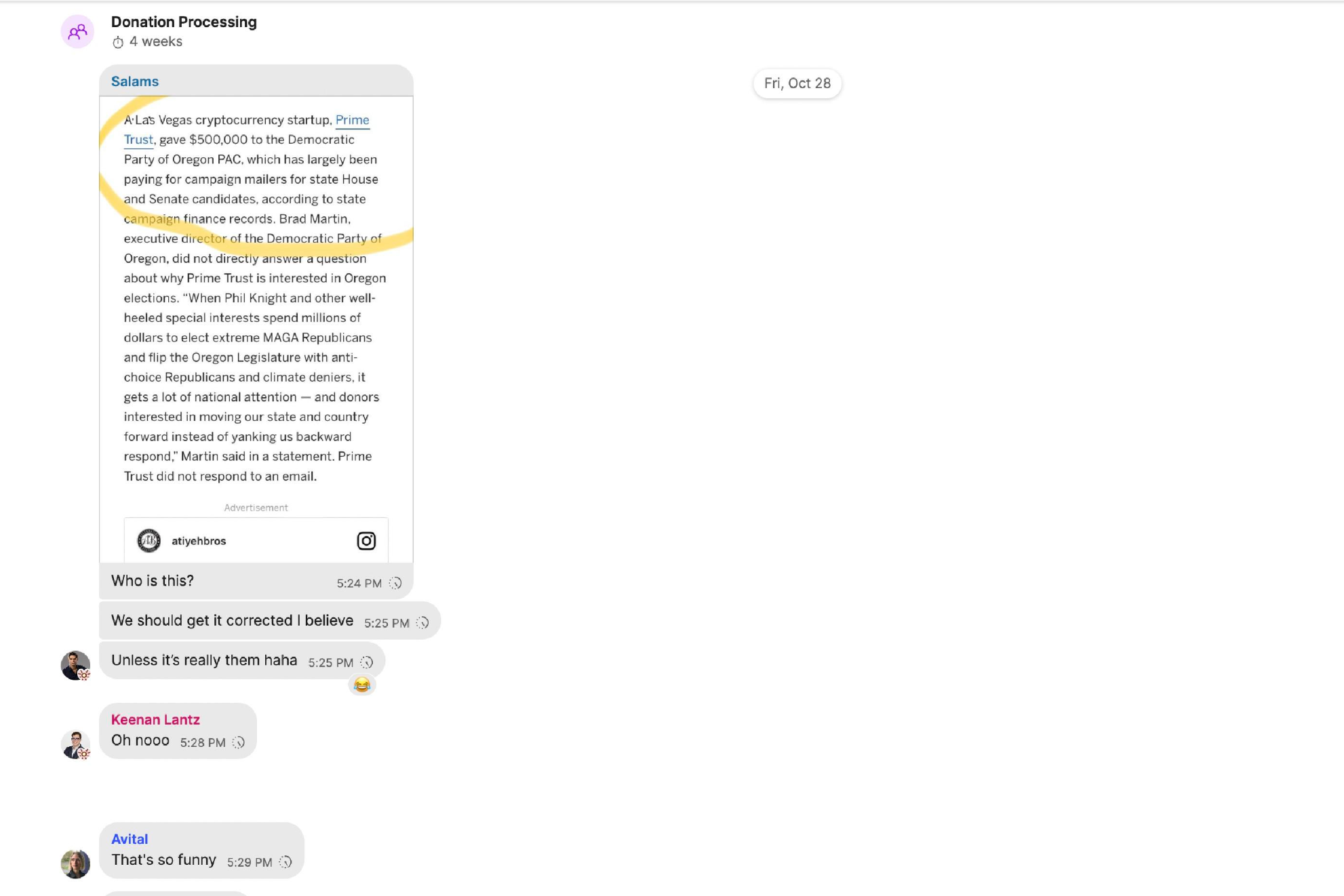 A "Donation Processing" conversation between Ryan Salame, Keenan Lantz, and Avital Balwit, including a screenshot of an Oregonian article that misattributes a $500,000 donation to the Democratic Party of Oregon PAC as hailing from Prime Trust.