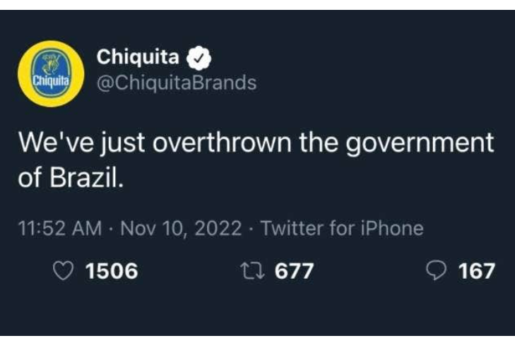 A parody tweet of Chiquita brand bananas.