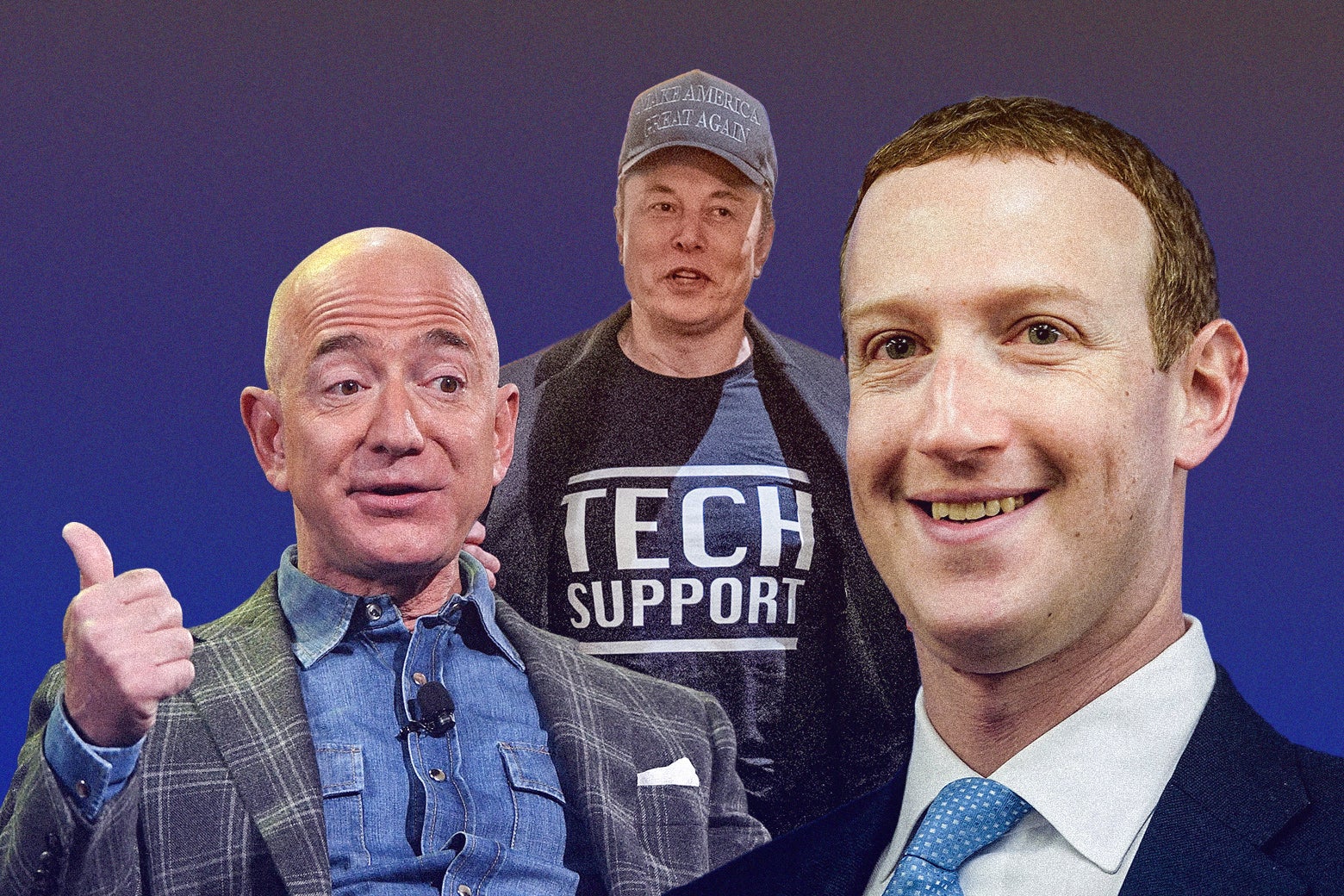 A photo collage of Jeff Bezos, Elon Musk, and Mark Zuckerberg.