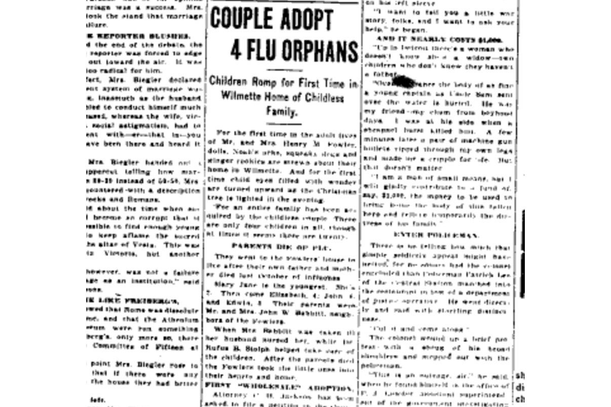 A headline reads, "COUPLE ADOPT 4 FLU ORPHANS" in an old newspaper clipping.