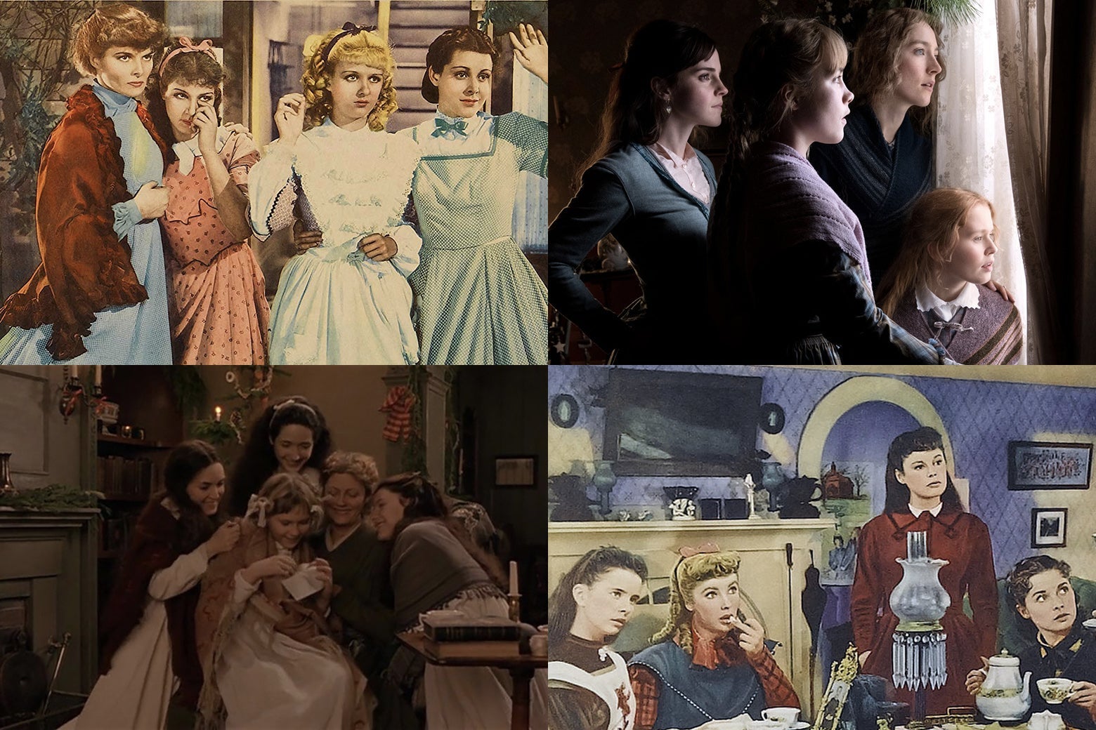 Stills from the 1933, 1949, 1994, and 2019 film versions of Little Women, showing various incarnations of the March sisters.