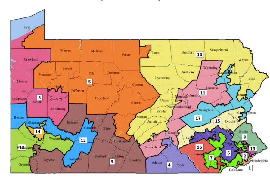 A map showing Pennsylvania's 18 districts according to 2011 legislation. The districts have wavy borders and unusual shapes.