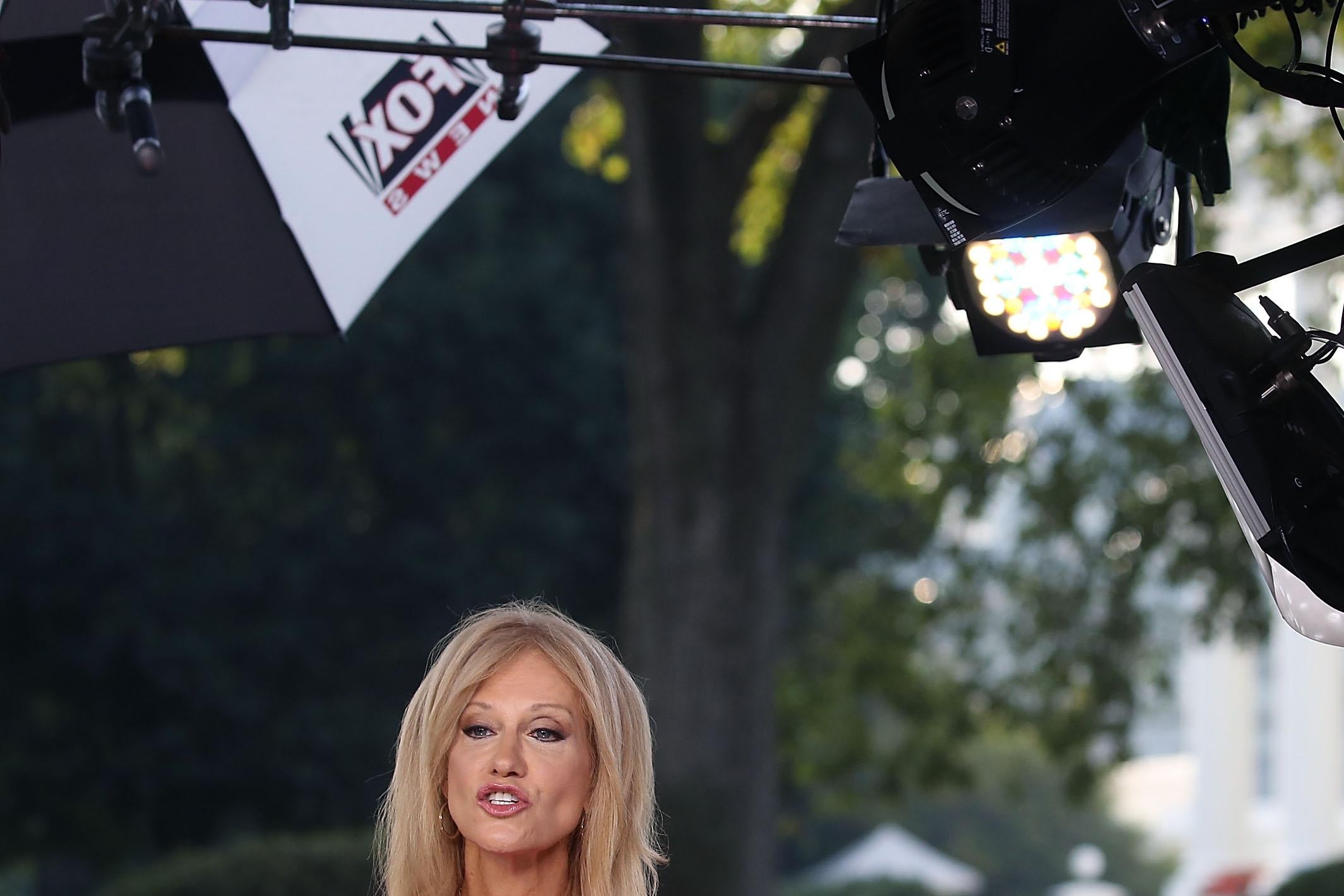 Kellyanne Conway appears on a morning television show, from the North Lawn of the White House on August 17, 2018 in Washington, DC.