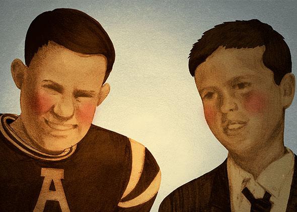 Illustration by Rob Donnelly of young Bill Belicheck (left), and Jeb Bush (right).