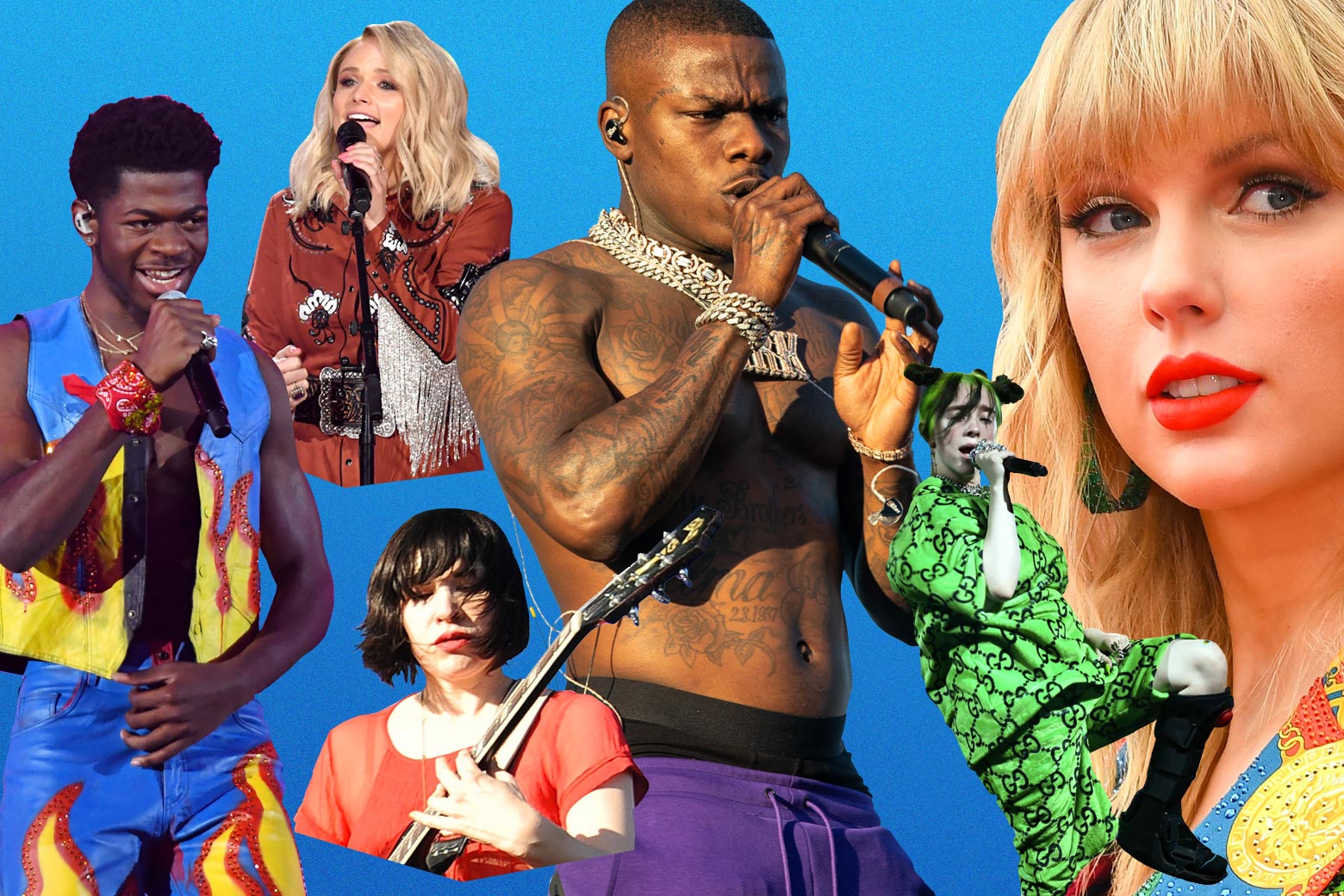Photo collage of various entries, including Lil Nas X, Taylor Swift, and Carrie Brownstein of Sleater-Kinney.