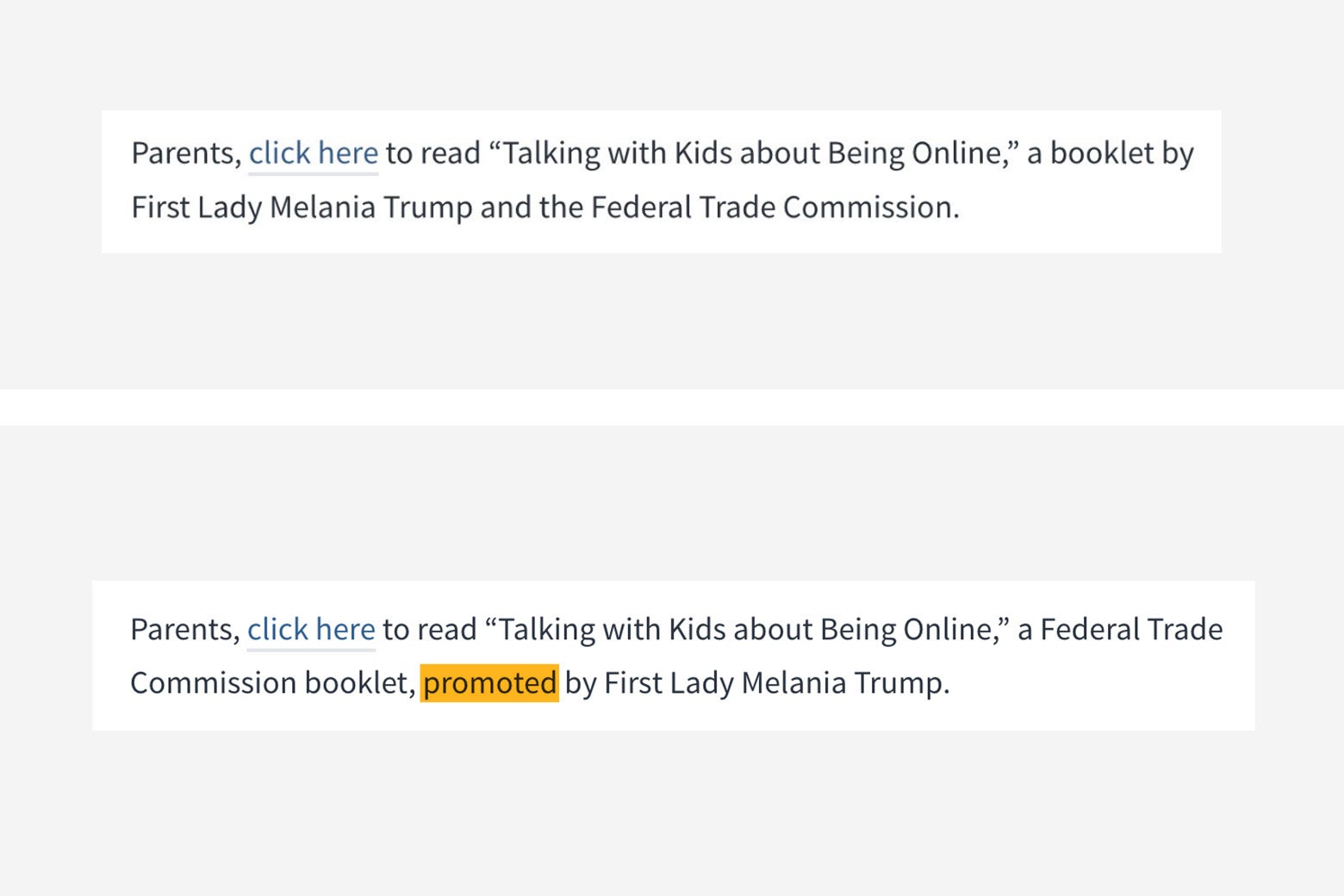 The original text describes "a booklet by Melania Trump and the Federal Trade Commission." The updated text refers to "a Federal Trade Commission booklet promoted by Melania Trump."