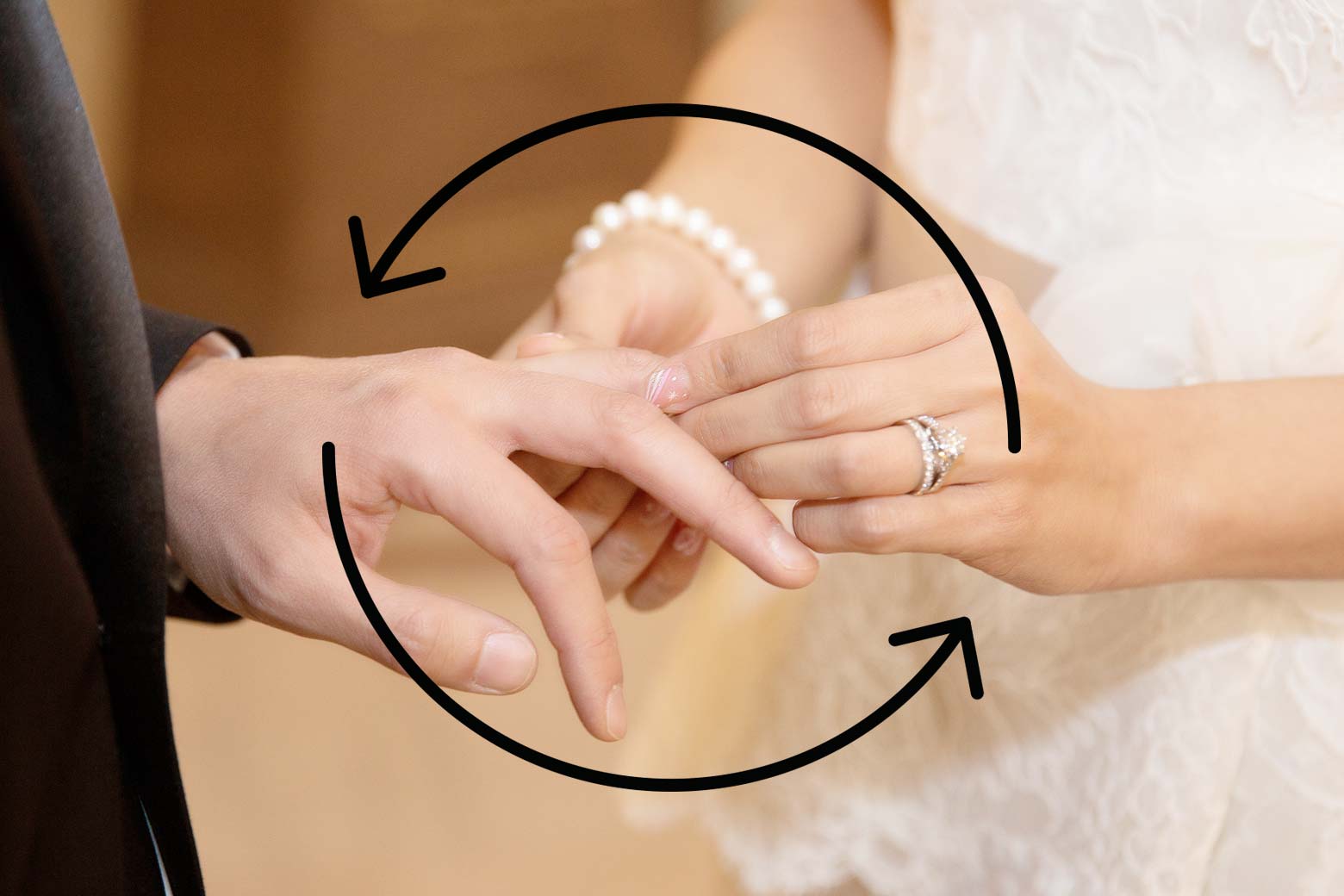 A wedding ring is placed on a groom's finger for the second time around. 