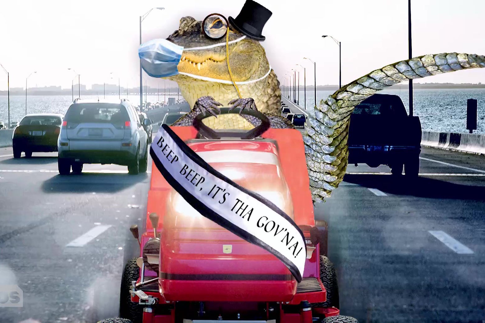 An alligator driving a riding lawn mower down the freeway, wearing a surgical mask, a top hat, a monocle, and a sash reading "Beep beep! It's Tha Gov'na!"