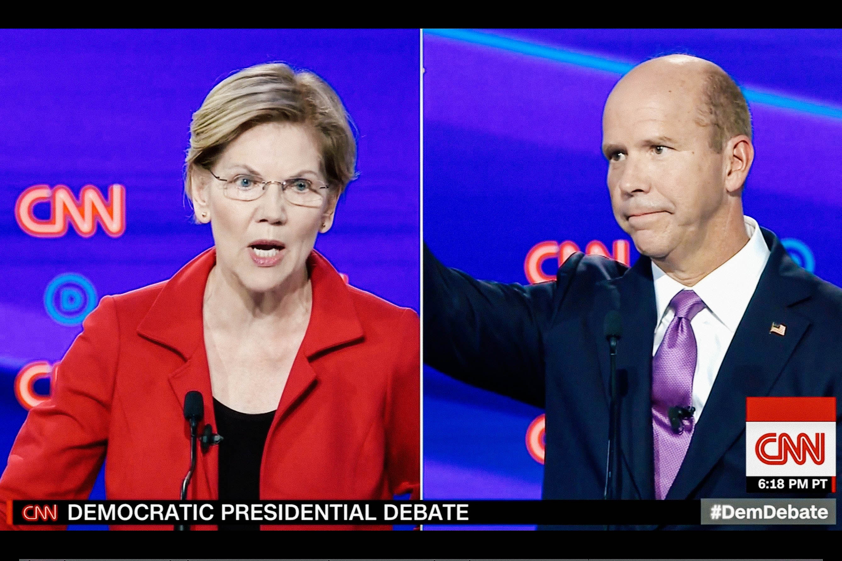 Sen. Elizabeth Warren shares one of many split-screens with former Rep. John Delaney in the July 30 Democratic presidential debate.