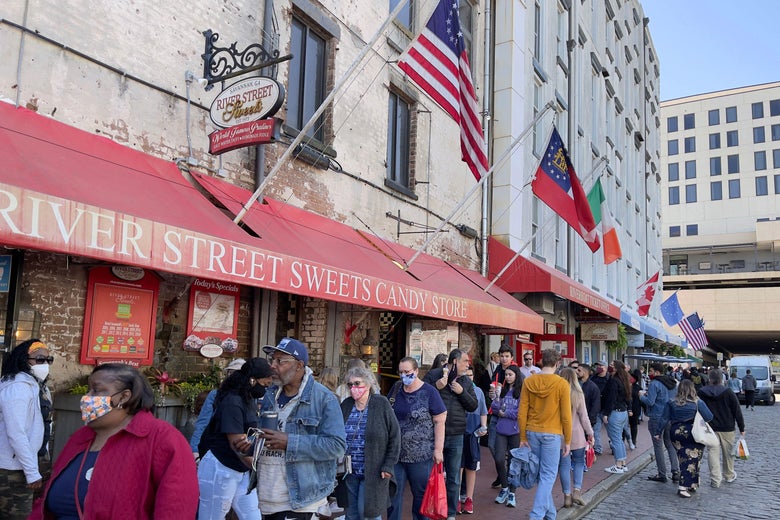 Tourists emjoy downtown Savannah, Georgia on March 3, 2021 during Spring break amid the Covid-19 pandemic.