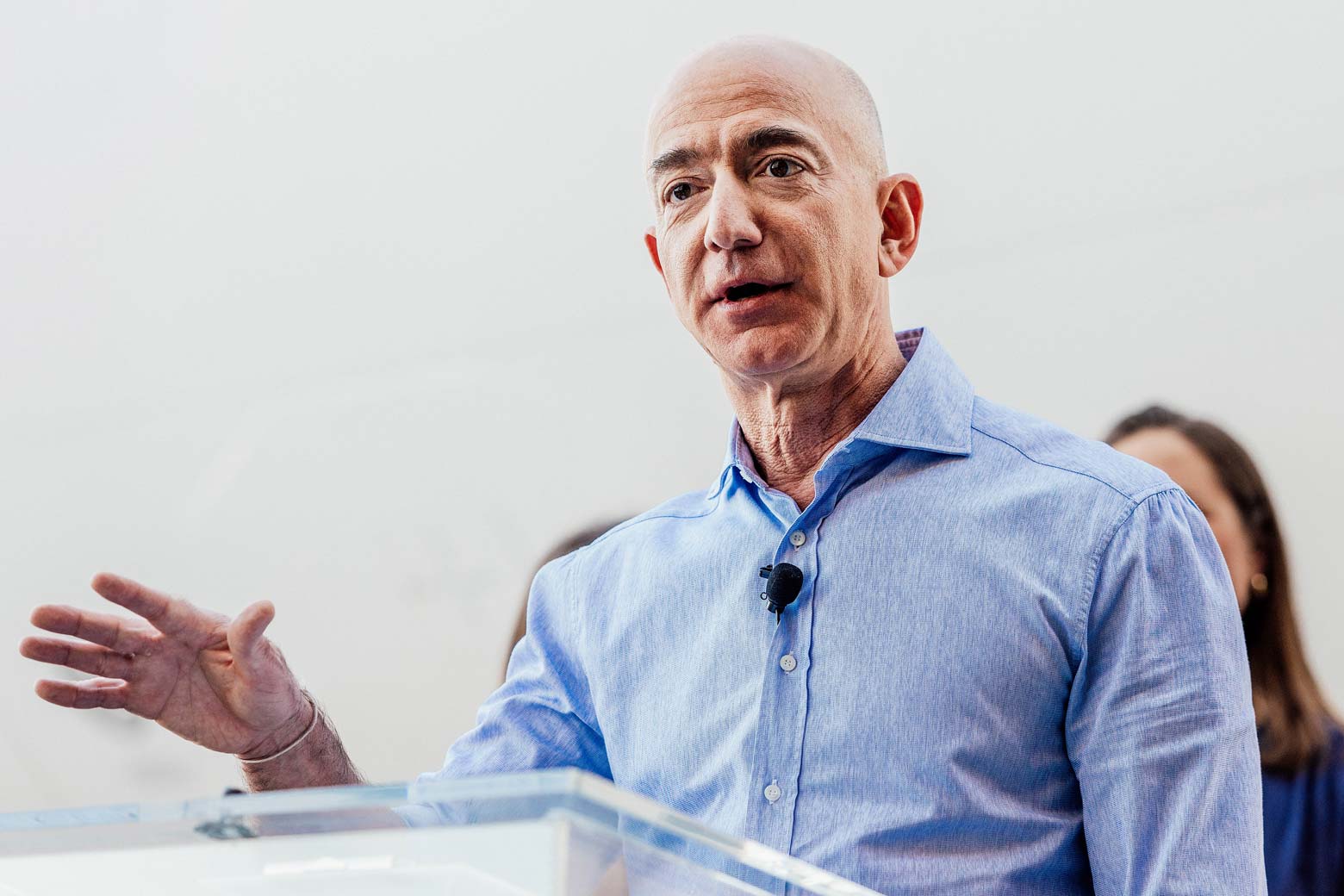 Jeff Bezos speaks to a group of Amazon employees.