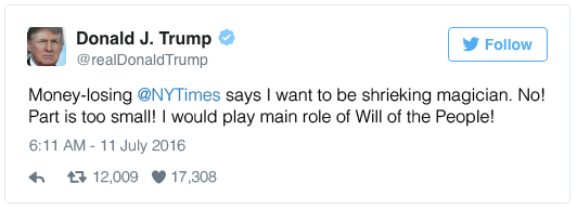 Money-losing @NYTimes says I want to be shrieking magician. No! Part is too small! I would play main role of Will of the People!