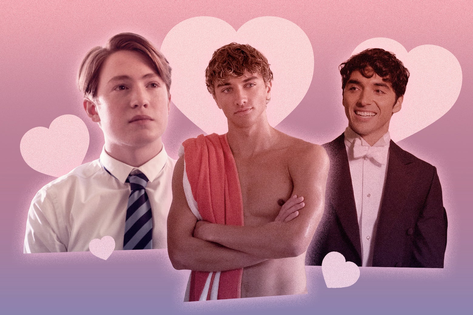 Nick Nelson, Jeremiah Fisher, and Alex Claremont-Diaz on a pink, purple, and blue background with hearts.