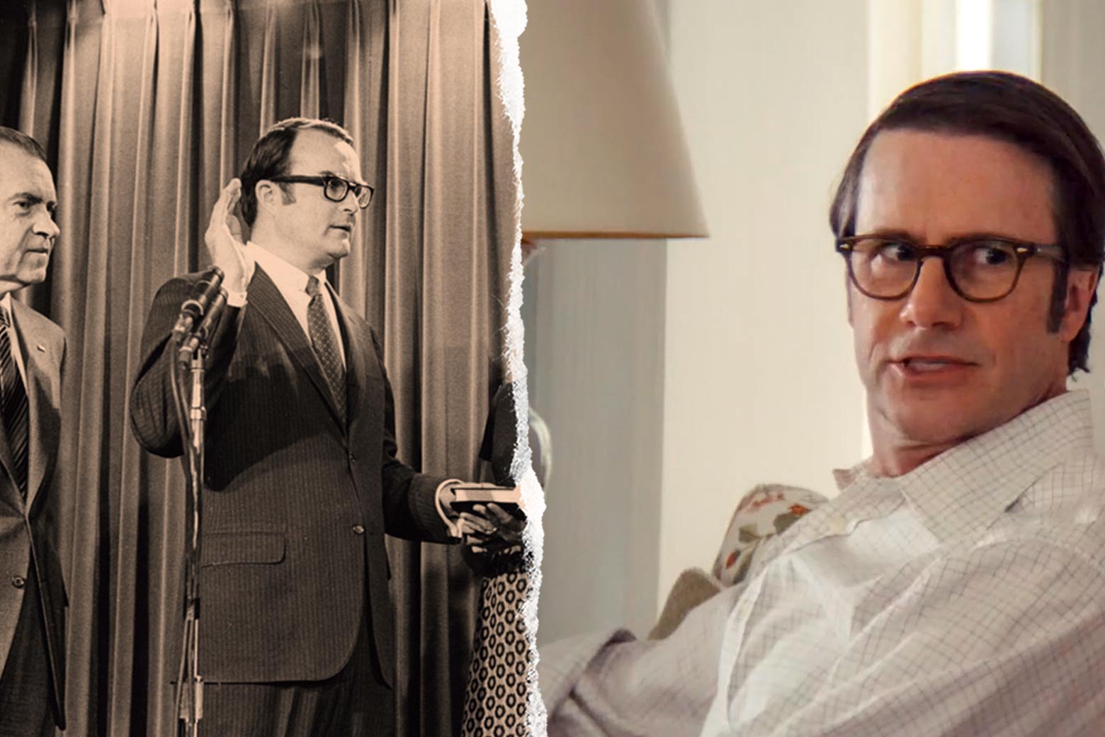 Side-by-side photos of William Ruckelshaus being sworn in and Josh Hamilton as William Ruckelshaus.