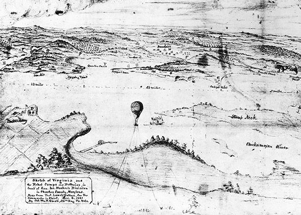 A sketch made of Southern troop positions by Col. William Small from a Lowe balloon in Charles County, Maryland, 1861. 
