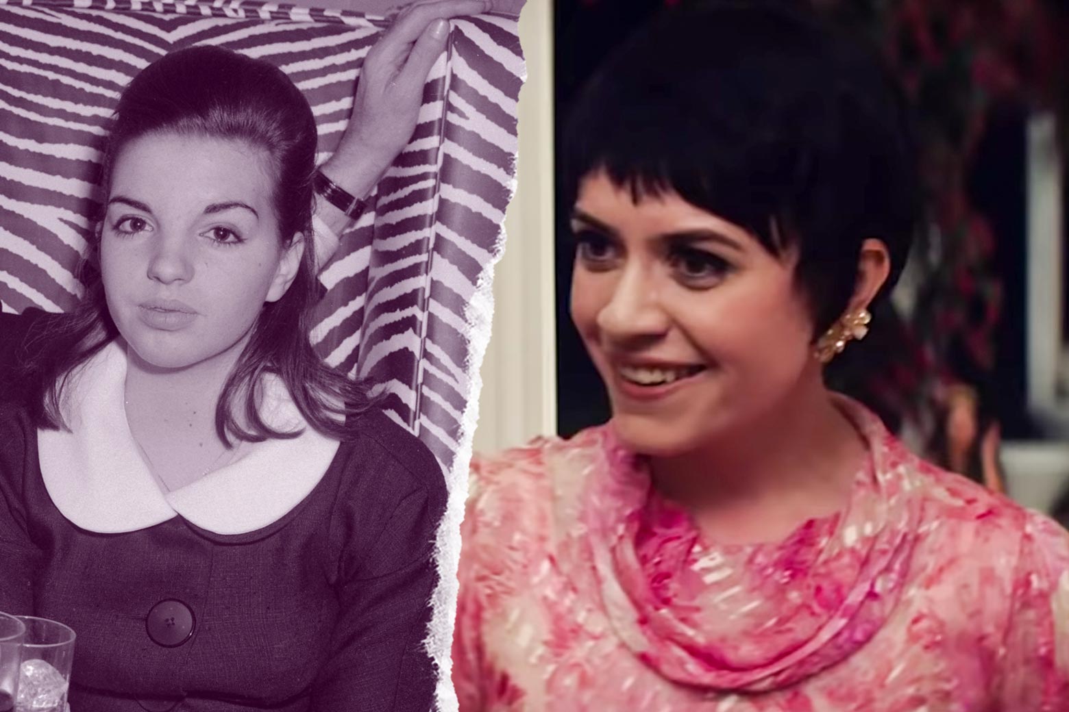 Side-by-side of Liza Minnelli, and Gemma-Leah Devereux as Liza Minnelli in the movie Judy.