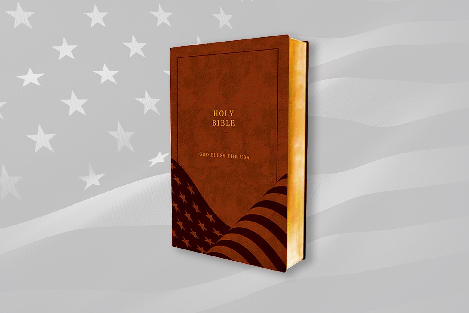 A bible with a brown cover featuring the words "God Bless the USA" and an American flag, floating over an American flag backdrop.