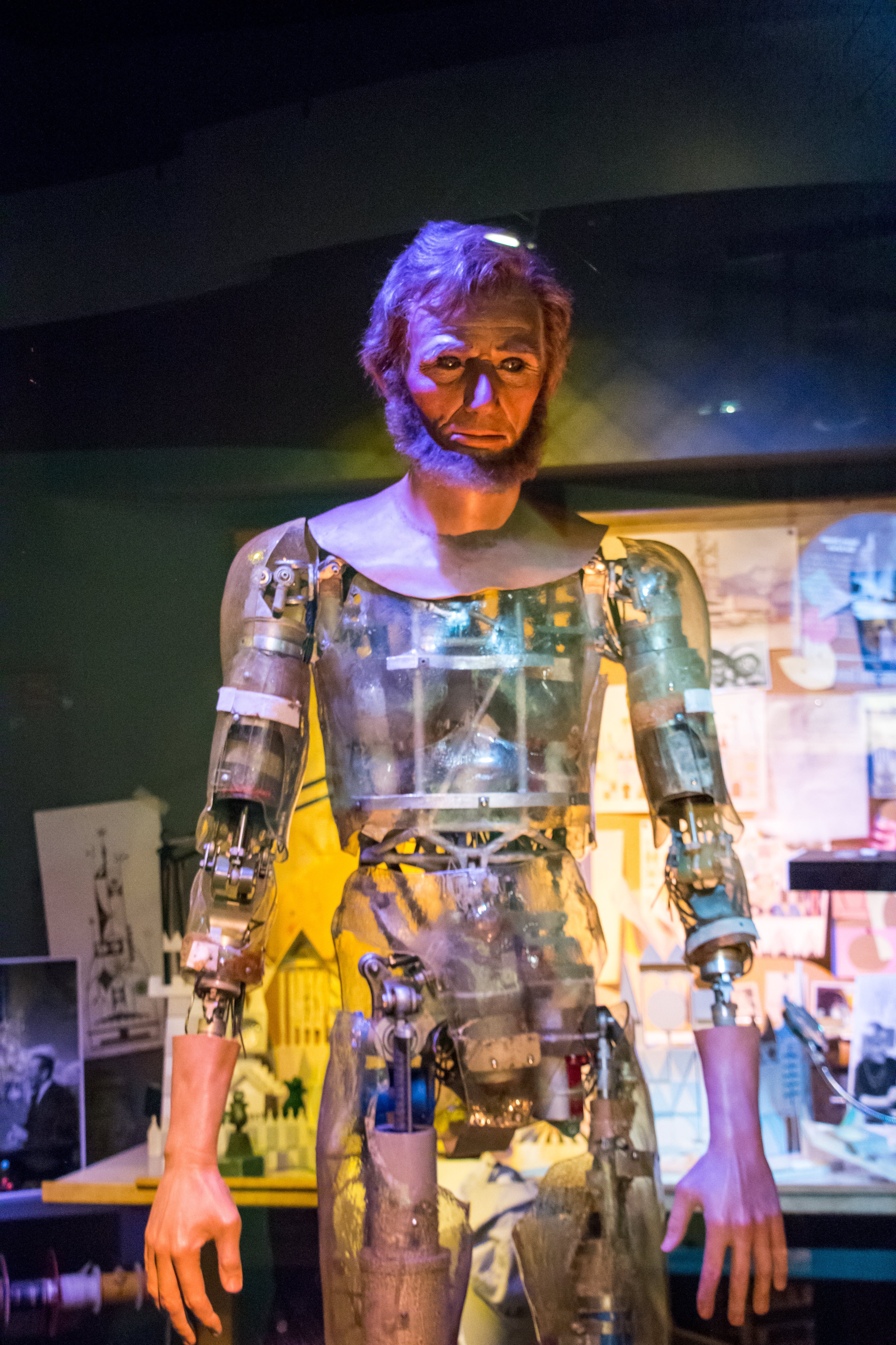 The Mr. Lincoln robot from Great Moments With Mr. Lincoln, undressed, showing transparent skin and lots of internal mechanics.