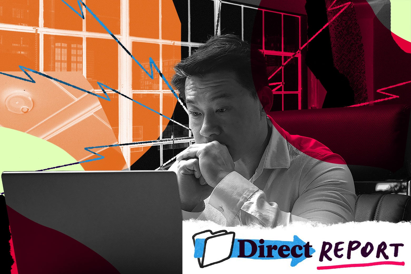 A man at a laptop as if he is plotting revenge.