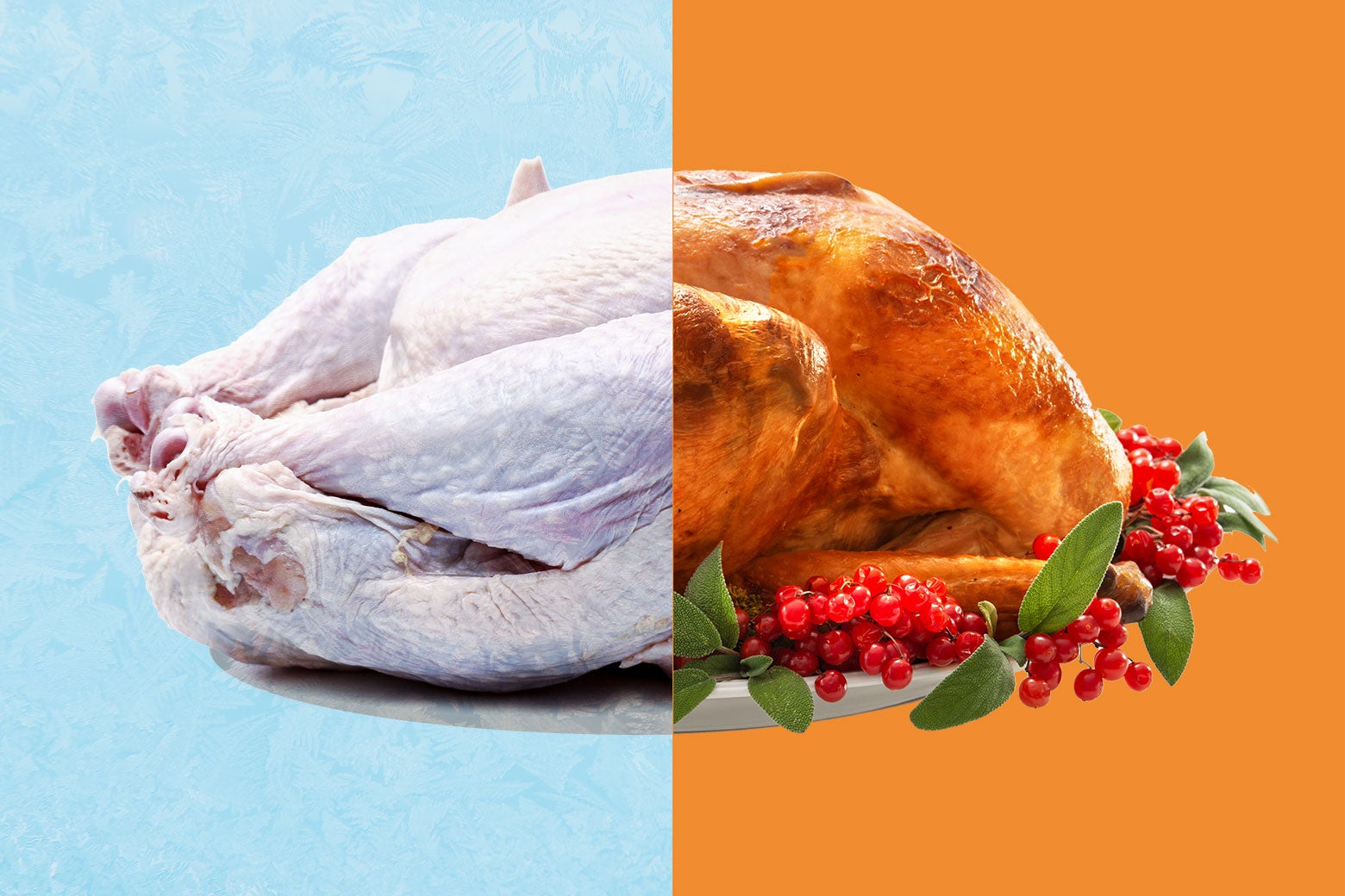 A before/after image of one turkey: the precooked, frozen, unthawed bird, then the beautifully burnished roasted bird on a serving platter, with a garnish of cranberry sprigs.