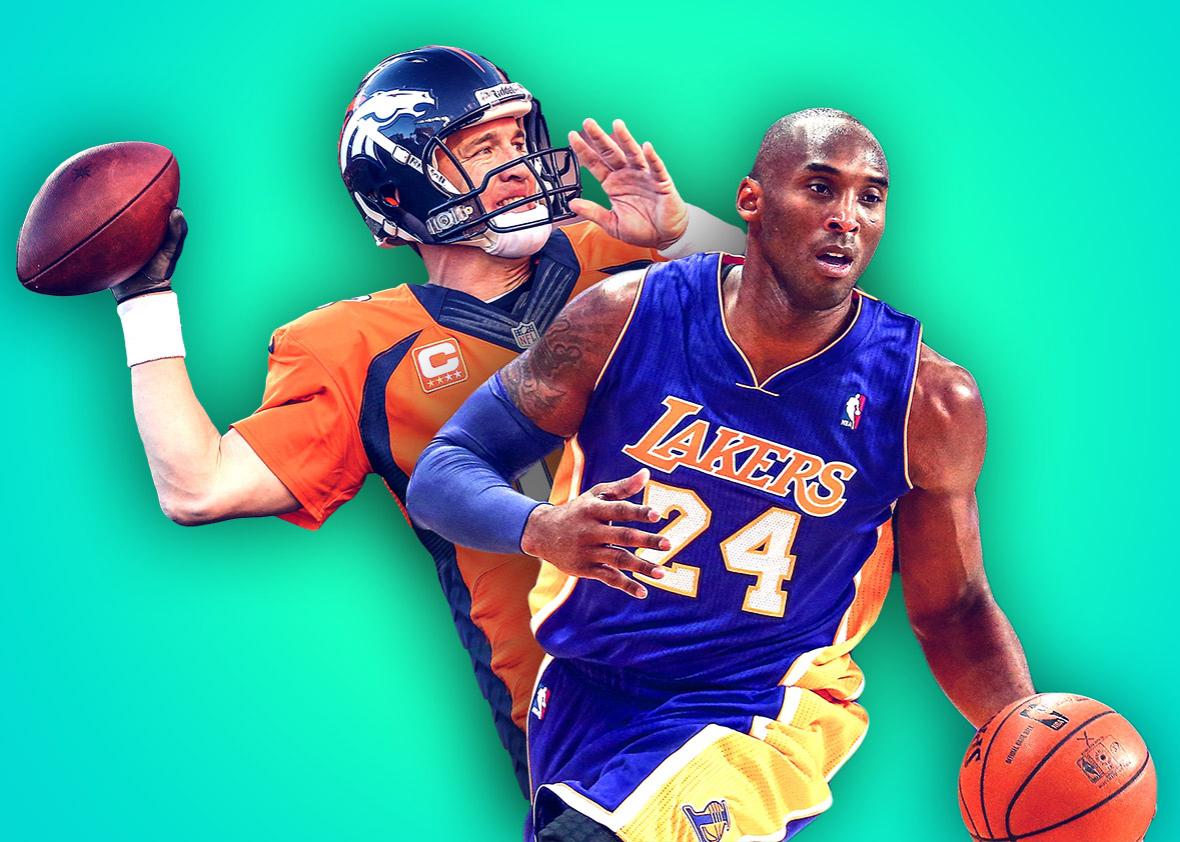 Peyton Manning, left, #18 of the Denver Broncos and Kobe Bryant ,Peyton Manning, left, #18 of the Denver Broncos and Kobe Bryant #24 of the Los Angeles Lakers.