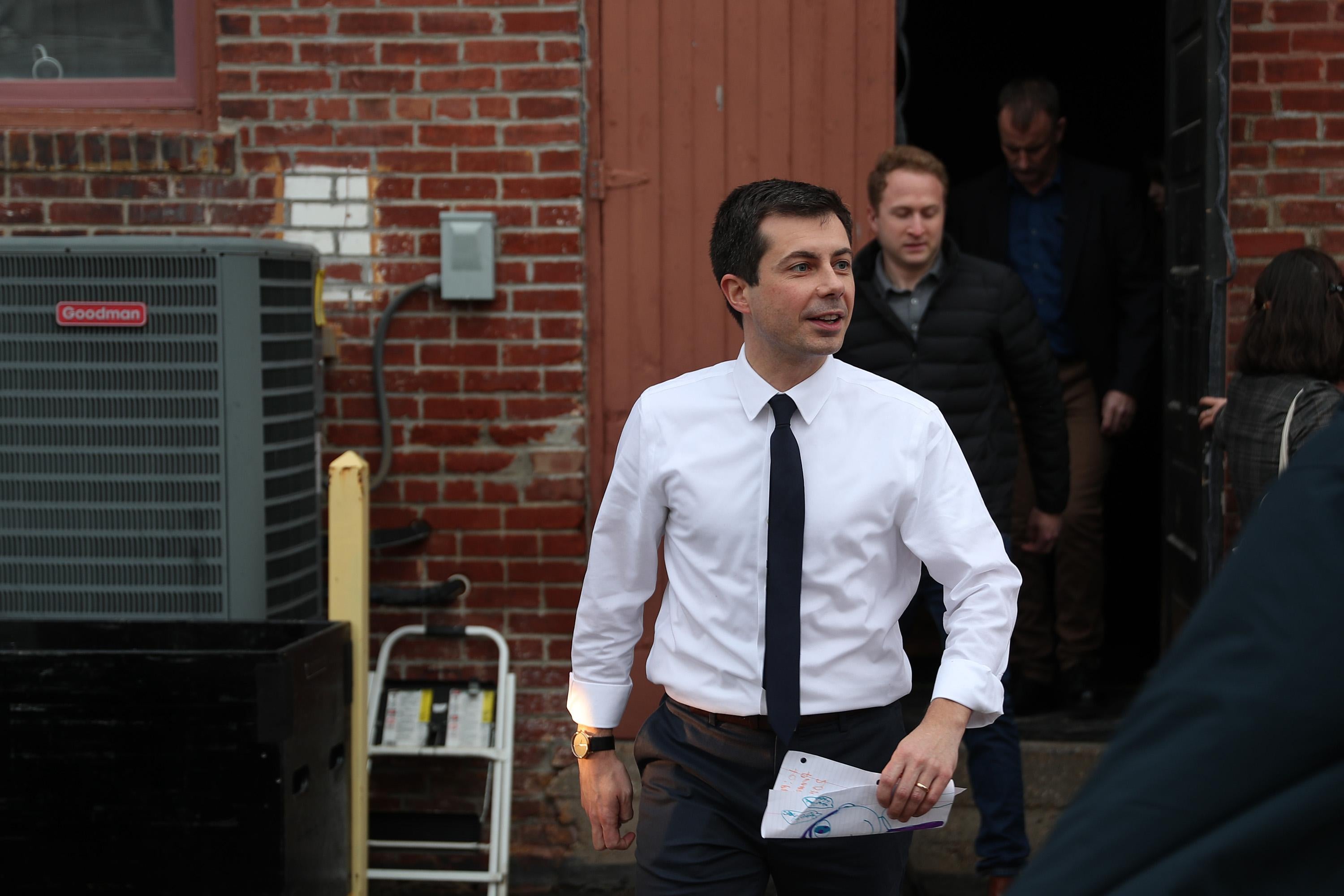CENTERVILLE, IOWA - DECEMBER 29: Democratic presidential candidate South Bend, Indiana Mayor Pete Buttigieg leaves after holding a campaign event at the Majestic Theater on December 29, 2019 in Centerville, Iowa. The 2020 Iowa Democratic caucuses will take place on February 3, 2020, making it the first nominating contest for the Democratic Party in choosing their presidential candidate to face Donald Trump in the 2020 election.  (Photo by Joe Raedle/Getty Images)