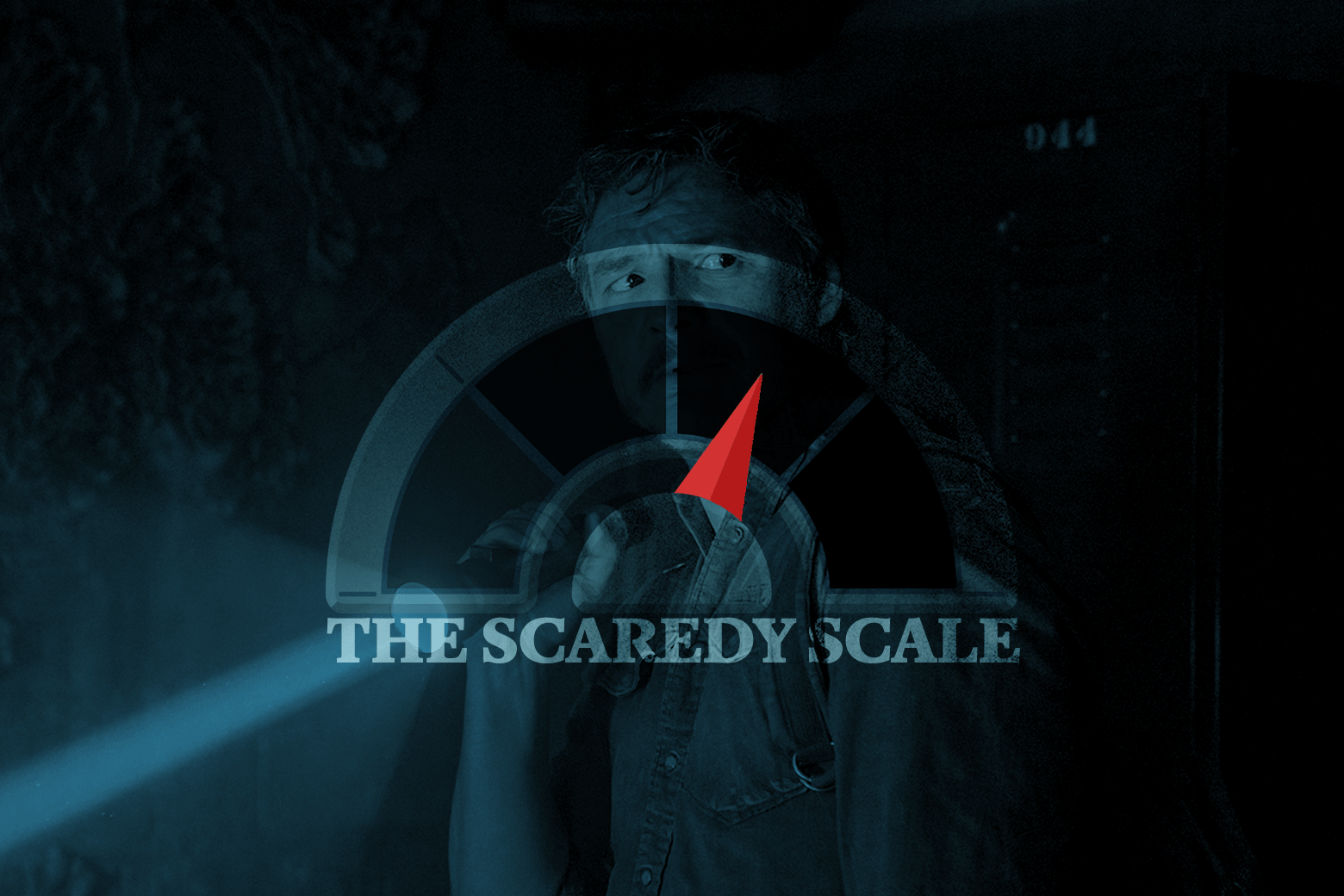 A dark GIF shows Pedro Pascal holding up a flashlight while walking through the dark. In front of him is photoshopped a twitching chart and the words "The Scaredy Scale."